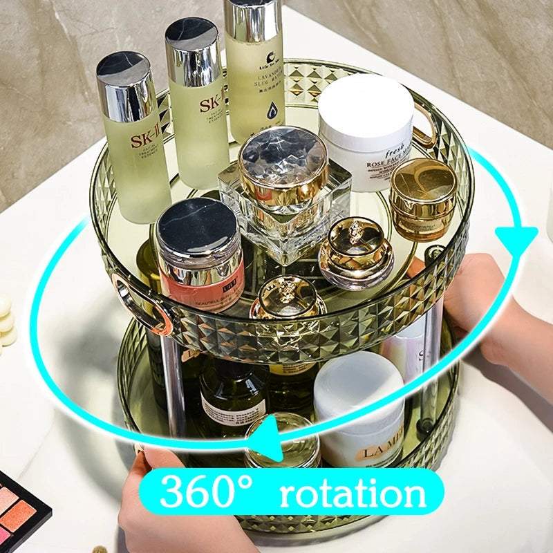 Rotating makeup storage rack with multiple tiers organizing cosmetics and skincare products on a dresser