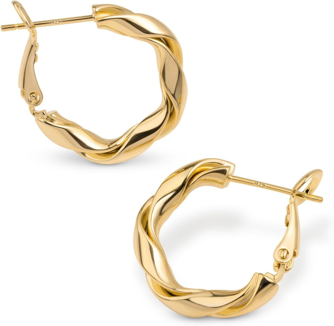 Silver Gold Plated Chunky Twisted Hoop Earrings | Hypoallergenic 925 Sterling Silver Post | round Statement Bold Hoops for Women, Classy Gift Lightweight