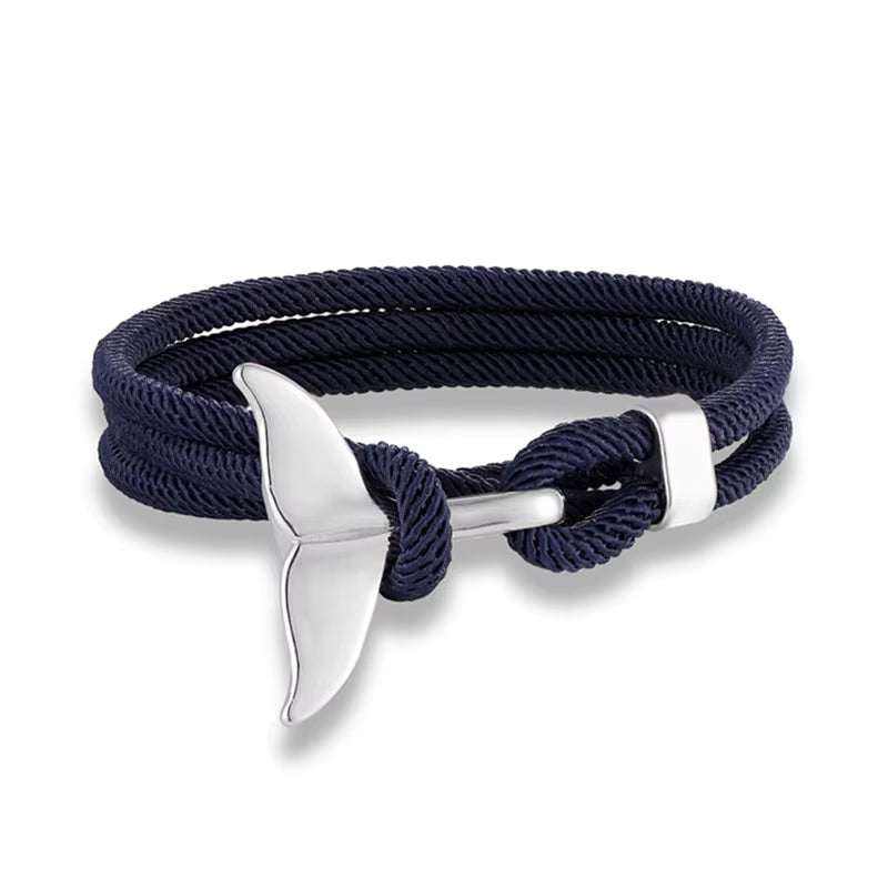 Whale Tail & Anchor Bracelet with adjustable braided rope and ocean-inspired charms for women