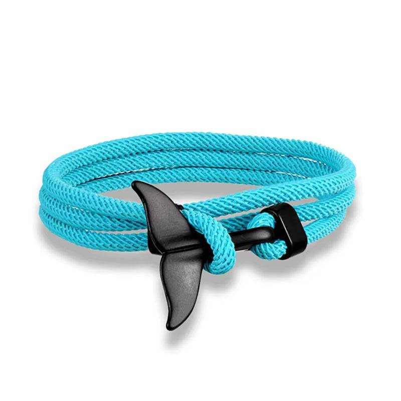 Whale Tail & Anchor Bracelet with adjustable multilayered braided rope band and nautical charms for women