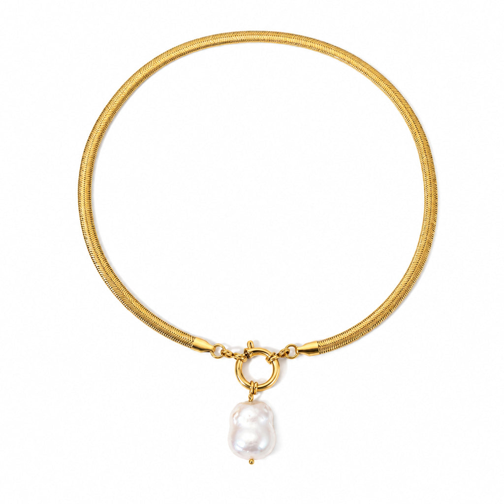 Waterproof Big Freshwater Pearl Pendant Necklaces Women Gold PVD Plated Titanium Steel Wide Flat Herribone Necklace
