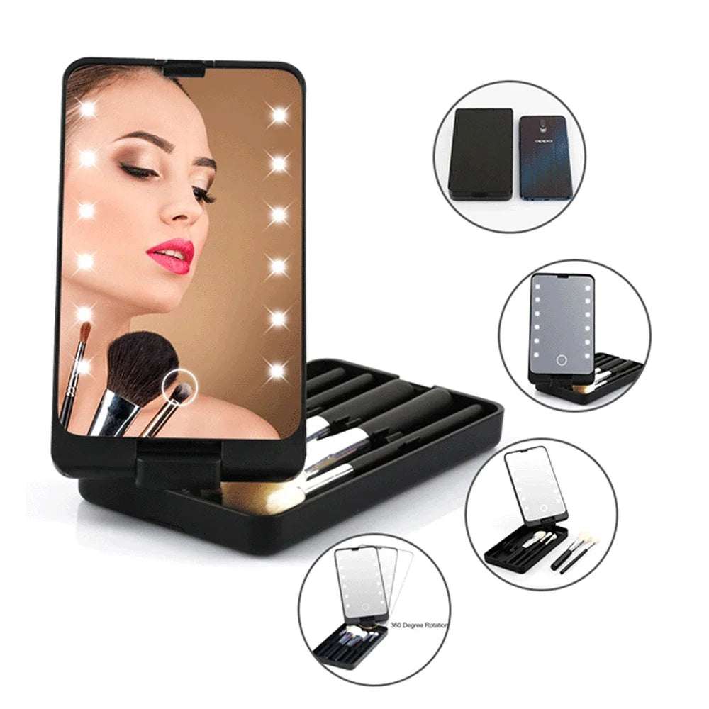 LED folding makeup mirror box with brush and crown-themed storage design