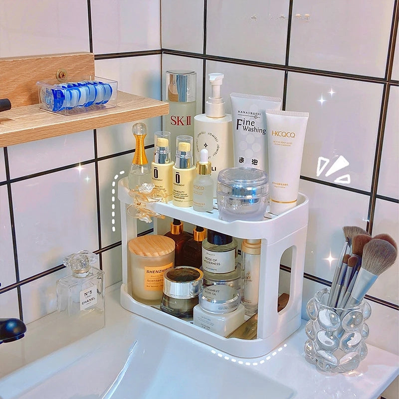 Double-layer makeup organizer with two-tier cosmetic storage for dresser and desktop use