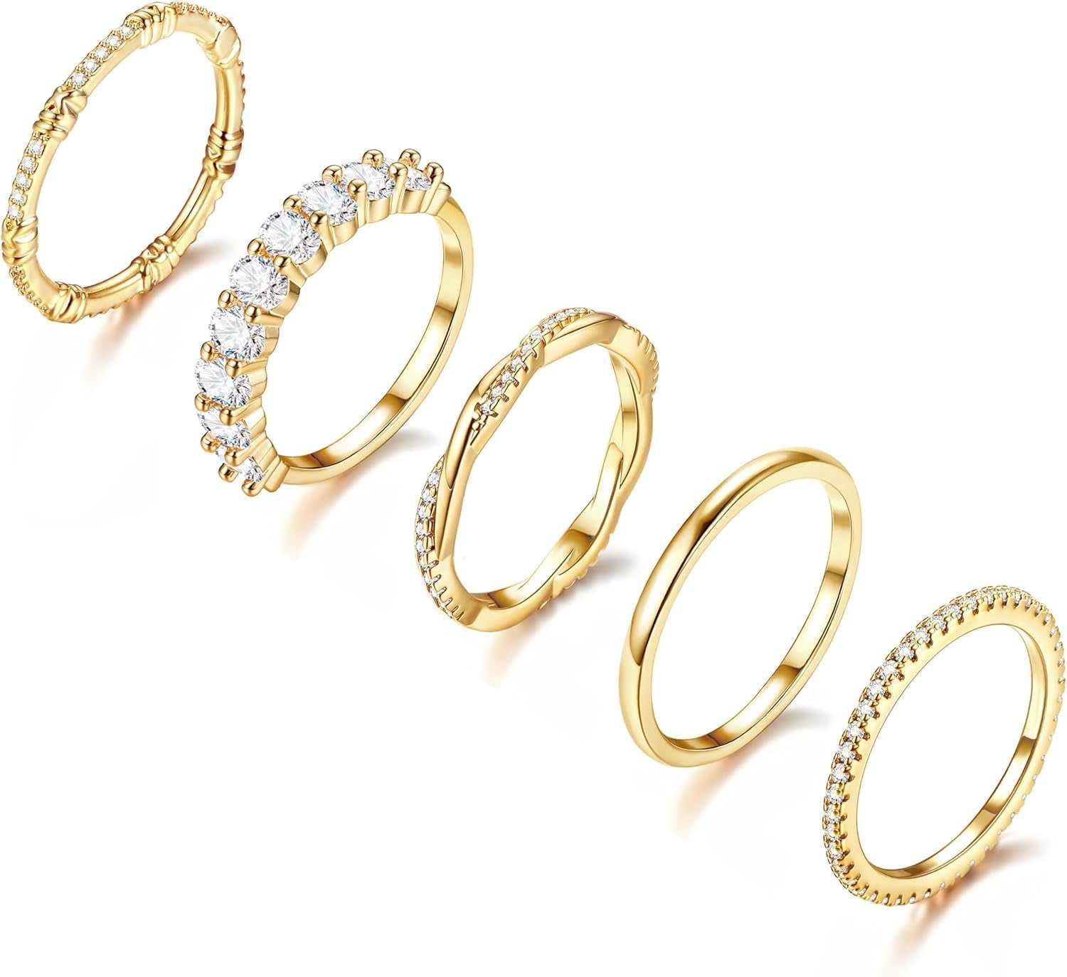 Gold Rings for Women 5PCS Stackable 14K Gold Plated Stacking Rings for Women Non Tarnish Trendy Dainty Rings Cubic Zirconia Gold Rings Set Statement Wedding Bands Rings