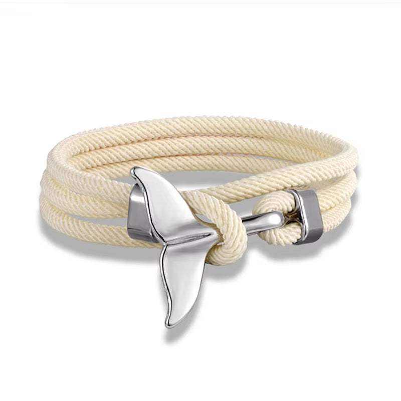 Whale Tail & Anchor Bracelet with adjustable braided rope and nautical charms for women