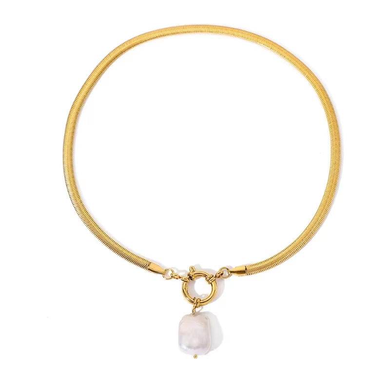 Waterproof Big Freshwater Pearl Pendant Necklaces Women Gold PVD Plated Titanium Steel Wide Flat Herribone Necklace
