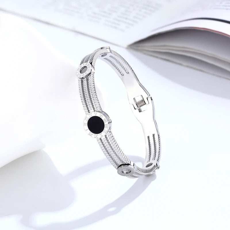 Elegant Roman Gear Bangle with stainless steel, Roman numerals, and small gear details for women