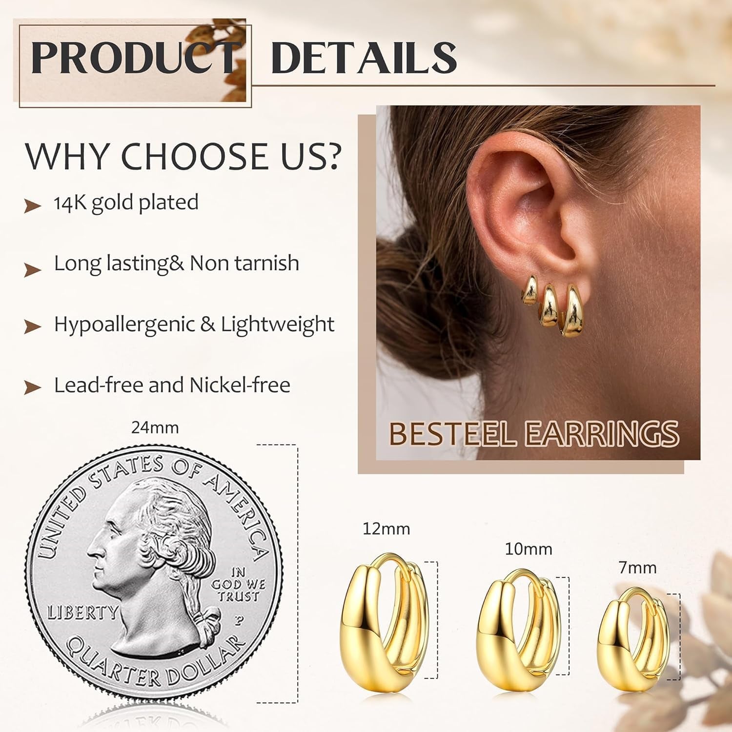 3Pairs Gold Hoop Earrings Set for Women Chunky Gold Silver Hoop Earrings 14K Gold Filled Hypoallergenic Small Huggie Hoop Earrings Tiny Gold Trendy Thick Hoop Earrings