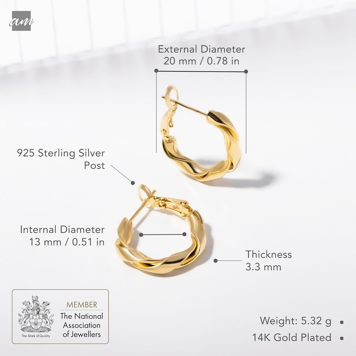 Silver Gold Plated Chunky Twisted Hoop Earrings | Hypoallergenic 925 Sterling Silver Post | round Statement Bold Hoops for Women, Classy Gift Lightweight