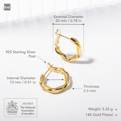 Silver Gold Plated Chunky Twisted Hoop Earrings | Hypoallergenic 925 Sterling Silver Post | round Statement Bold Hoops for Women, Classy Gift Lightweight