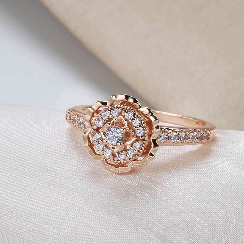Hot 585 Rose Gold Rings Fashion Rose Flower Natural Zircon Ring for Women Crystal Gift Daily Fine Vintage Wedding Jewelry