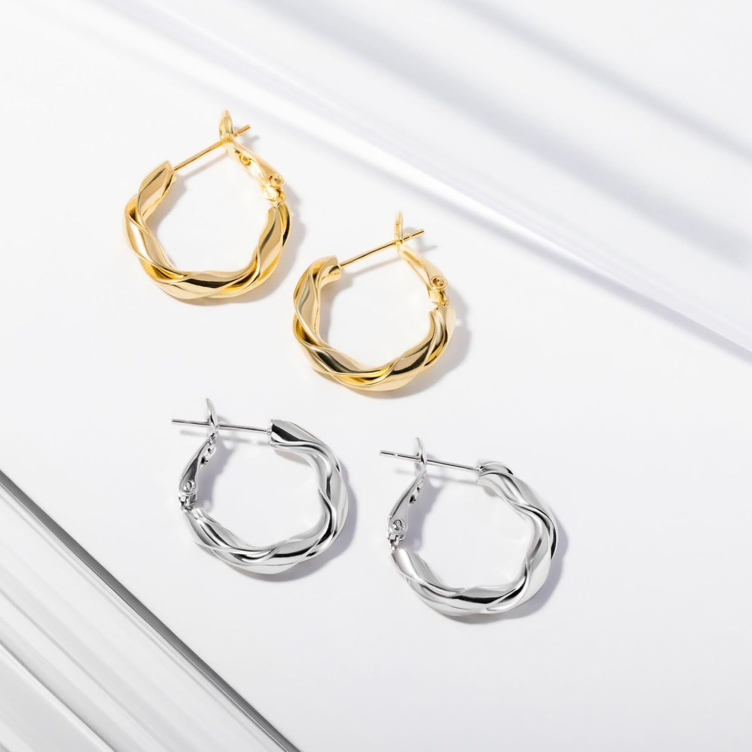 Silver Gold Plated Chunky Twisted Hoop Earrings | Hypoallergenic 925 Sterling Silver Post | round Statement Bold Hoops for Women, Classy Gift Lightweight