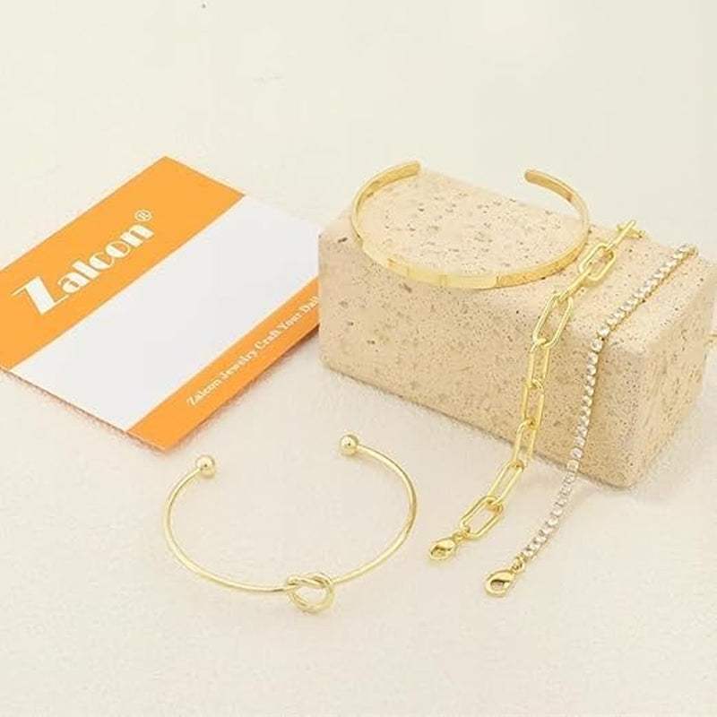 Gold Plated Bracelet Set for Women – 4-Piece Stackable Non-Tarnish Bangle Cuff, Knot Cubic Zirconia Tennis Bracelet, Adjustable Trendy Jewelry for Mom, Wife, Girlfriend