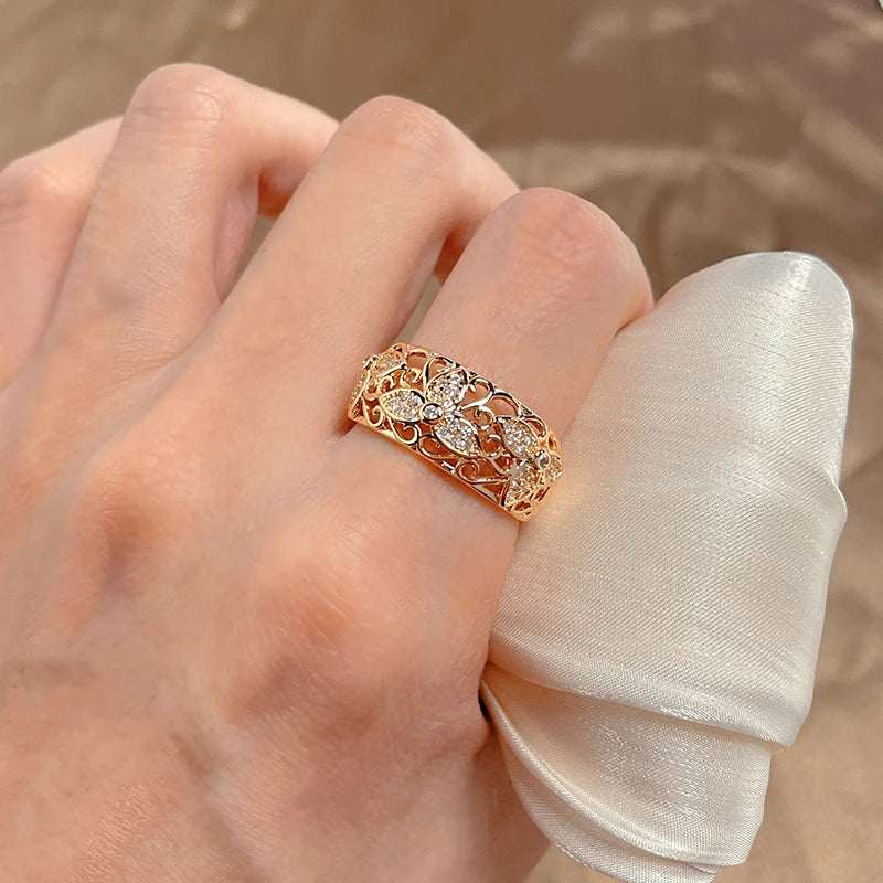 2022 New Luxury Hollow Flower 585 Gold Rings for Women Inlay Natural Zircon Vintage Jewelry Lady Wedding Finger Rings Gift