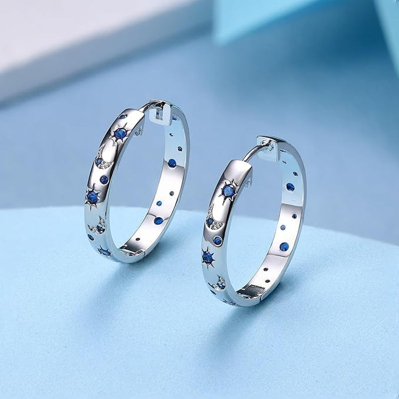 Silver Hoop Earrings for Women 925 Sterling Silver Post Earrings Moon Star Cute Huggie Hoop Earrings Cubic Zirconia Hoop Sleeper Earrings Set