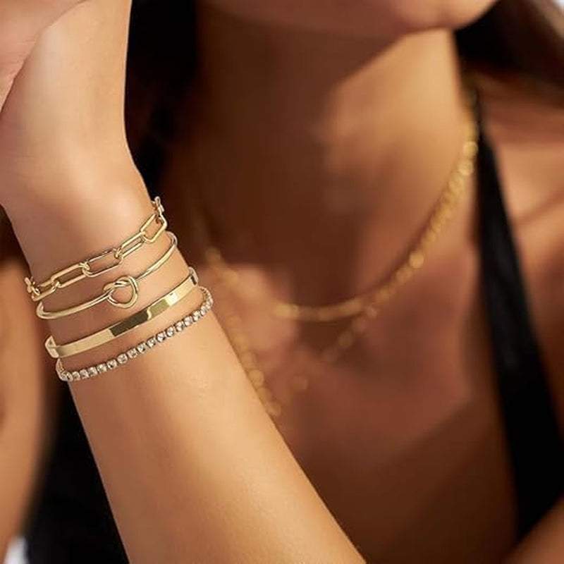 Gold Plated Bracelet Set for Women – 4-Piece Stackable Non-Tarnish Bangle Cuff, Knot Cubic Zirconia Tennis Bracelet, Adjustable Trendy Jewelry for Mom, Wife, Girlfriend