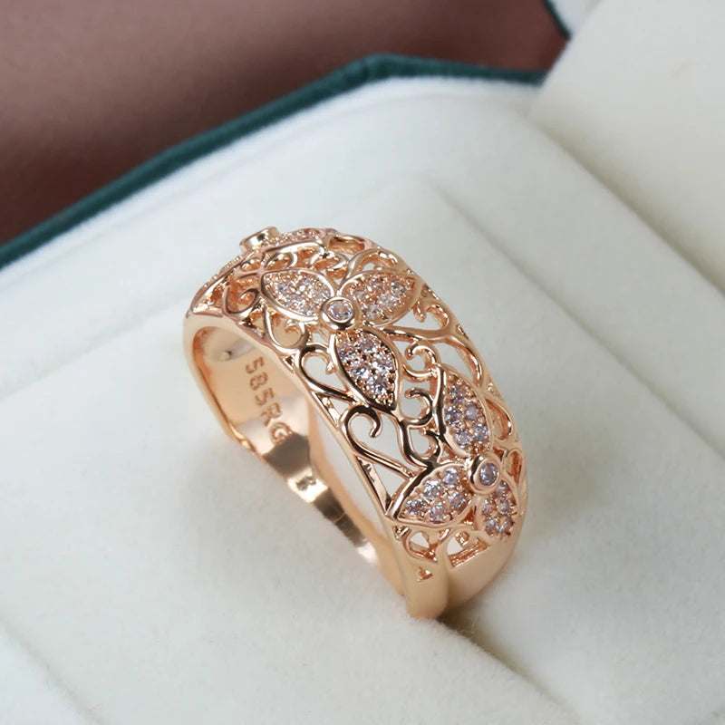 2022 New Luxury Hollow Flower 585 Gold Rings for Women Inlay Natural Zircon Vintage Jewelry Lady Wedding Finger Rings Gift