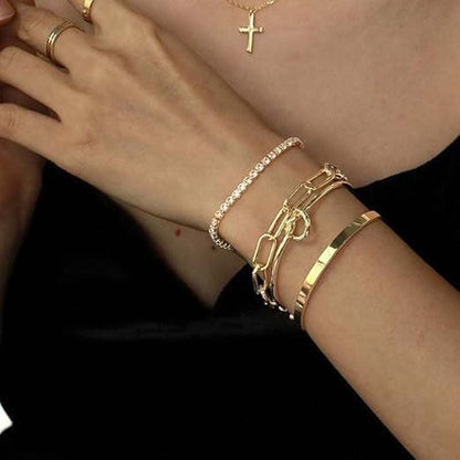 Gold Plated Bracelet Set for Women – 4-Piece Stackable Non-Tarnish Bangle Cuff, Knot Cubic Zirconia Tennis Bracelet, Adjustable Trendy Jewelry for Mom, Wife, Girlfriend
