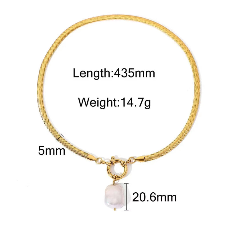 Waterproof Big Freshwater Pearl Pendant Necklaces Women Gold PVD Plated Titanium Steel Wide Flat Herribone Necklace