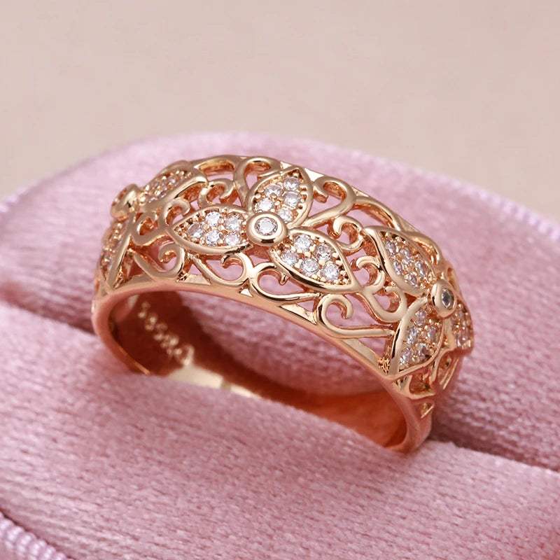 2022 New Luxury Hollow Flower 585 Gold Rings for Women Inlay Natural Zircon Vintage Jewelry Lady Wedding Finger Rings Gift