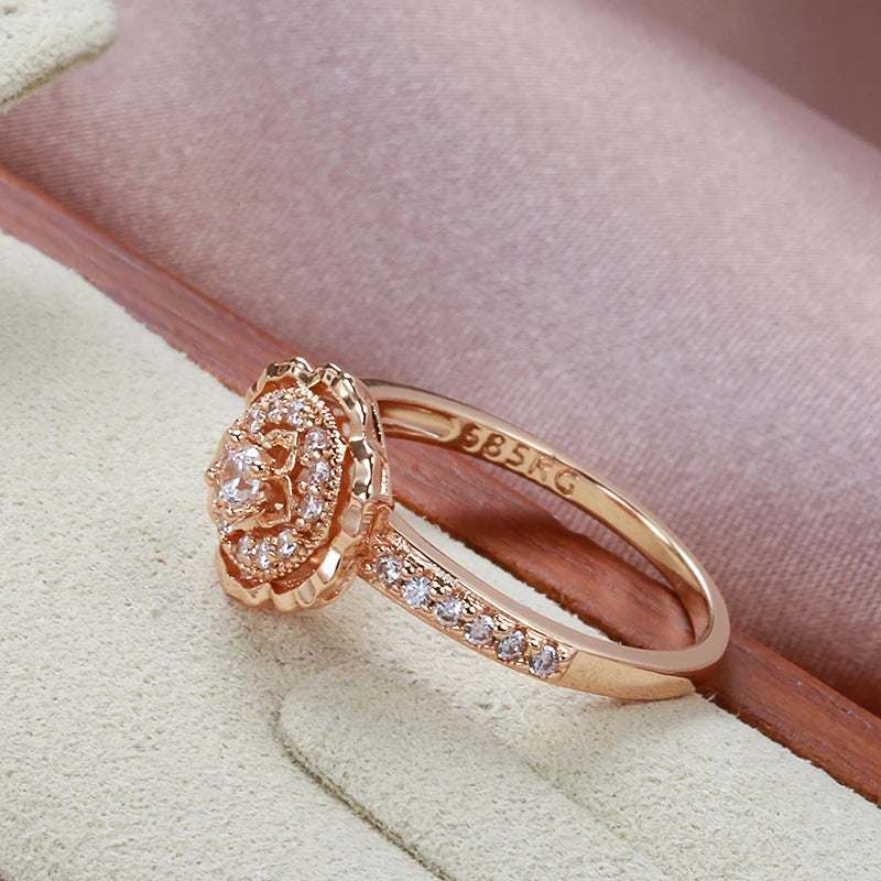 Hot 585 Rose Gold Rings Fashion Rose Flower Natural Zircon Ring for Women Crystal Gift Daily Fine Vintage Wedding Jewelry