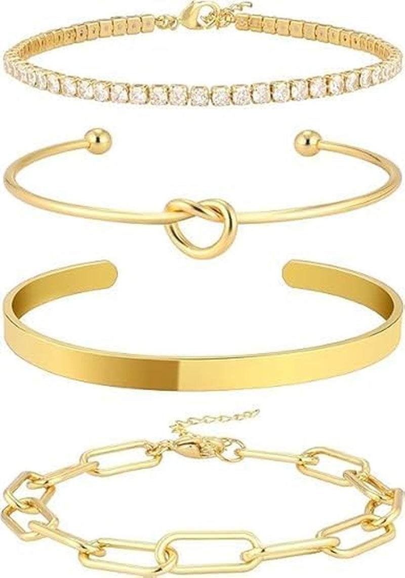 Gold Plated Bracelet Set for Women – 4-Piece Stackable Non-Tarnish Bangle Cuff, Knot Cubic Zirconia Tennis Bracelet, Adjustable Trendy Jewelry for Mom, Wife, Girlfriend