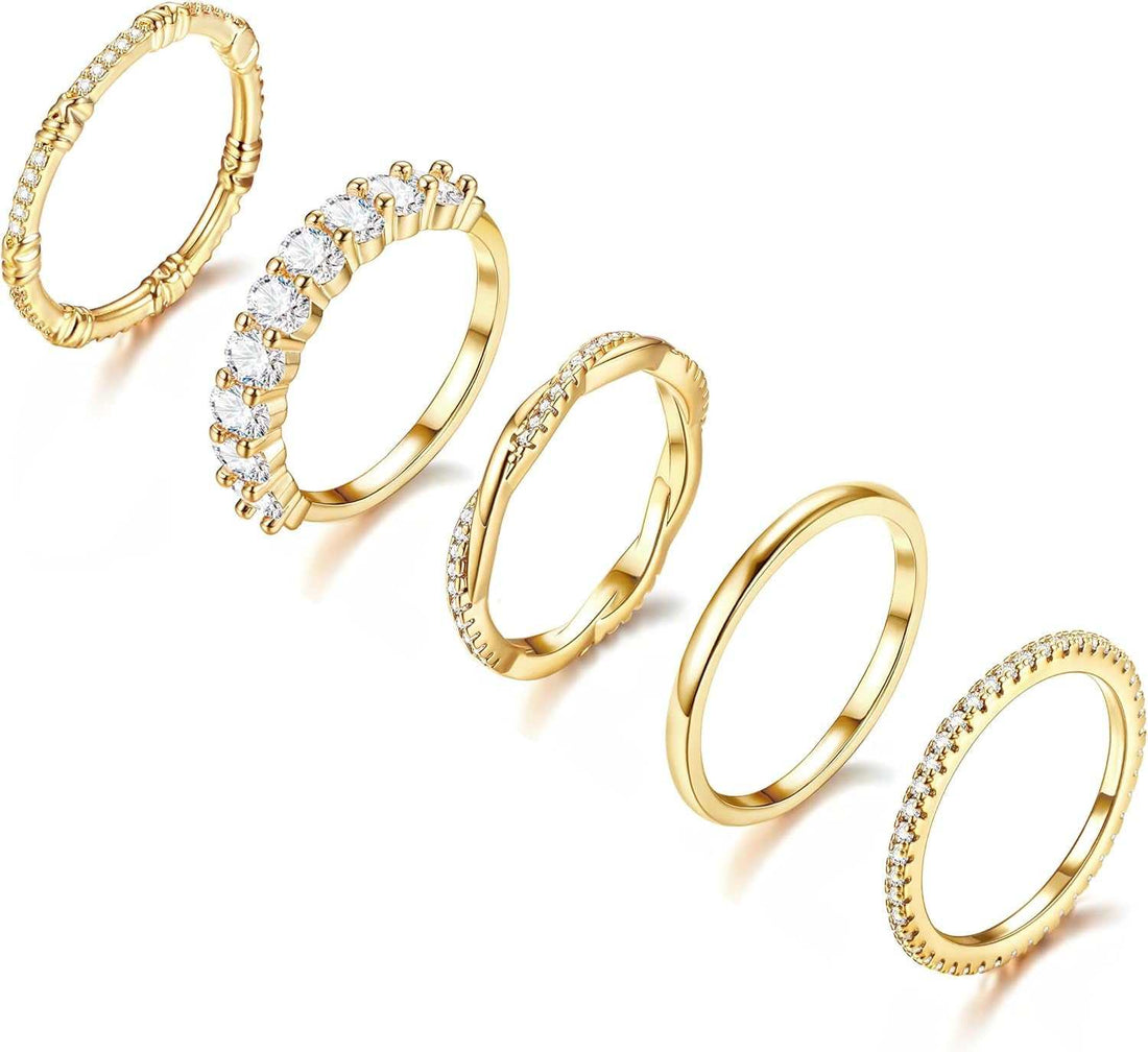 Gold Rings for Women 5PCS Stackable 14K Gold Plated Stacking Rings for Women Non Tarnish Trendy Dainty Rings Cubic Zirconia Gold Rings Set Statement Wedding Bands Rings