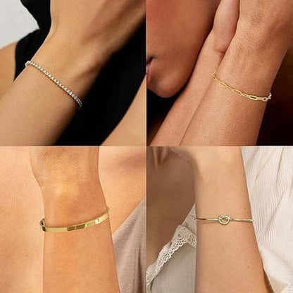 Gold Plated Bracelet Set for Women – 4-Piece Stackable Non-Tarnish Bangle Cuff, Knot Cubic Zirconia Tennis Bracelet, Adjustable Trendy Jewelry for Mom, Wife, Girlfriend