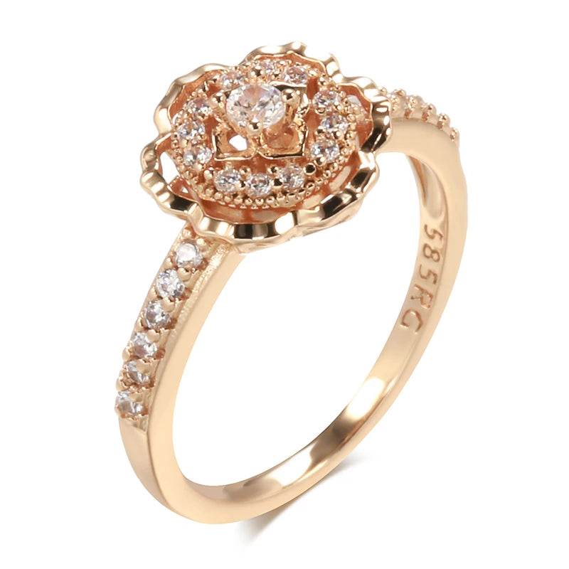 Hot 585 Rose Gold Rings Fashion Rose Flower Natural Zircon Ring for Women Crystal Gift Daily Fine Vintage Wedding Jewelry
