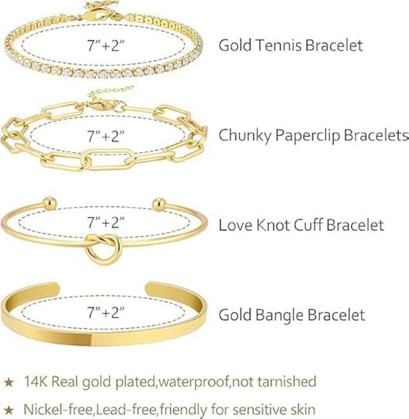 Gold Plated Bracelet Set for Women – 4-Piece Stackable Non-Tarnish Bangle Cuff, Knot Cubic Zirconia Tennis Bracelet, Adjustable Trendy Jewelry for Mom, Wife, Girlfriend
