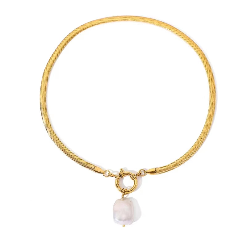 Waterproof Big Freshwater Pearl Pendant Necklaces Women Gold PVD Plated Titanium Steel Wide Flat Herribone Necklace