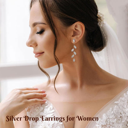925 Sterling Silver Leaf Drop Earrings for Women – Hypoallergenic Cubic Zirconia Dangle Earrings, Elegant Earrings for Women &amp; Girls, Gold &amp; Silver Long Dangling Earrings for Prom, Party