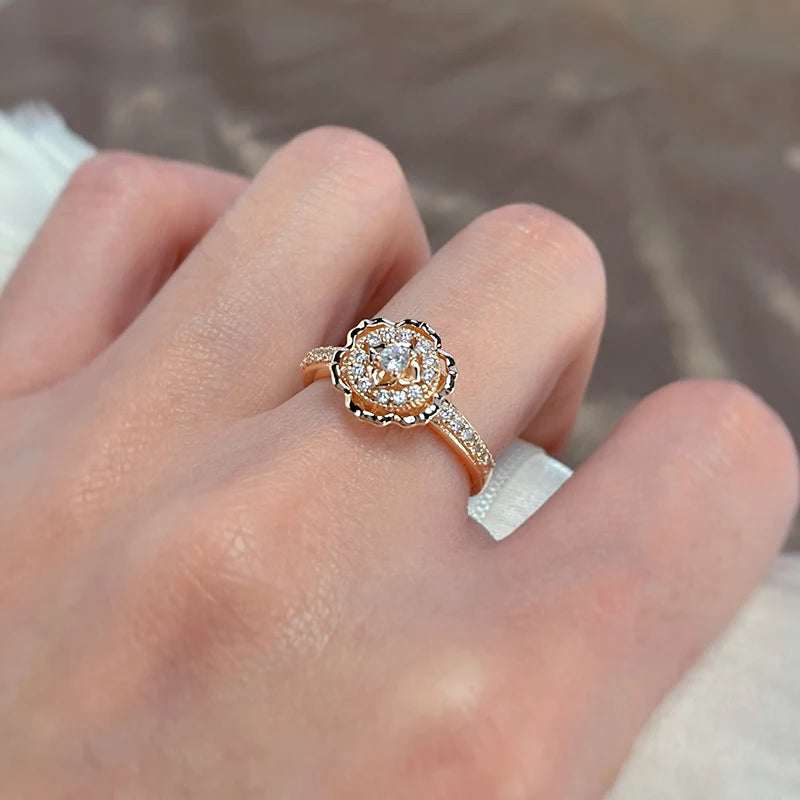 Hot 585 Rose Gold Rings Fashion Rose Flower Natural Zircon Ring for Women Crystal Gift Daily Fine Vintage Wedding Jewelry