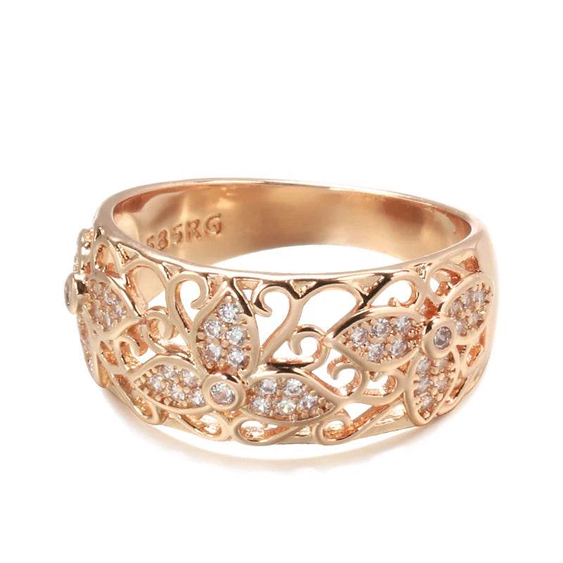 New 585 Rose Gold Rings for Women Natural Zircon Flower Ring Vintage Bride Wedding Fine Jewelry Party Gift