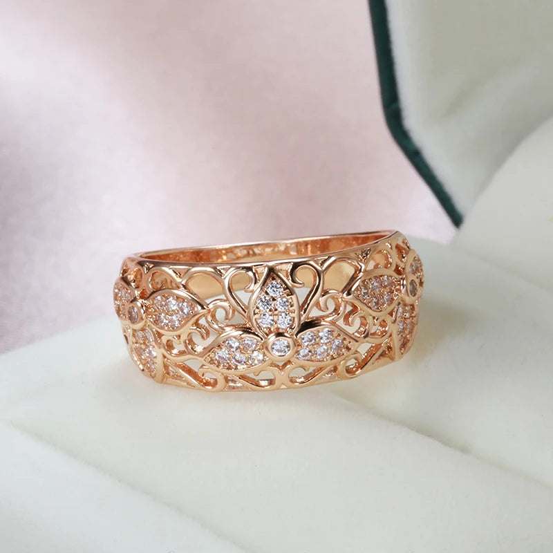 2022 New Luxury Hollow Flower 585 Gold Rings for Women Inlay Natural Zircon Vintage Jewelry Lady Wedding Finger Rings Gift