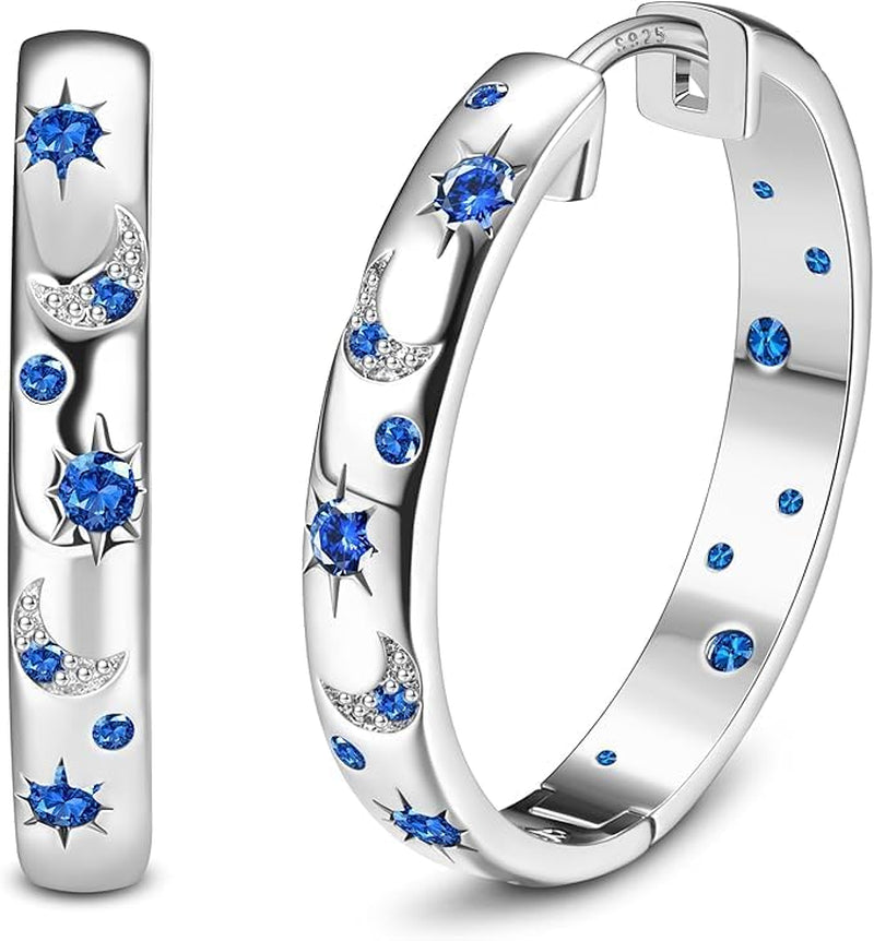 Silver Hoop Earrings for Women 925 Sterling Silver Post Earrings Moon Star Cute Huggie Hoop Earrings Cubic Zirconia Hoop Sleeper Earrings Set